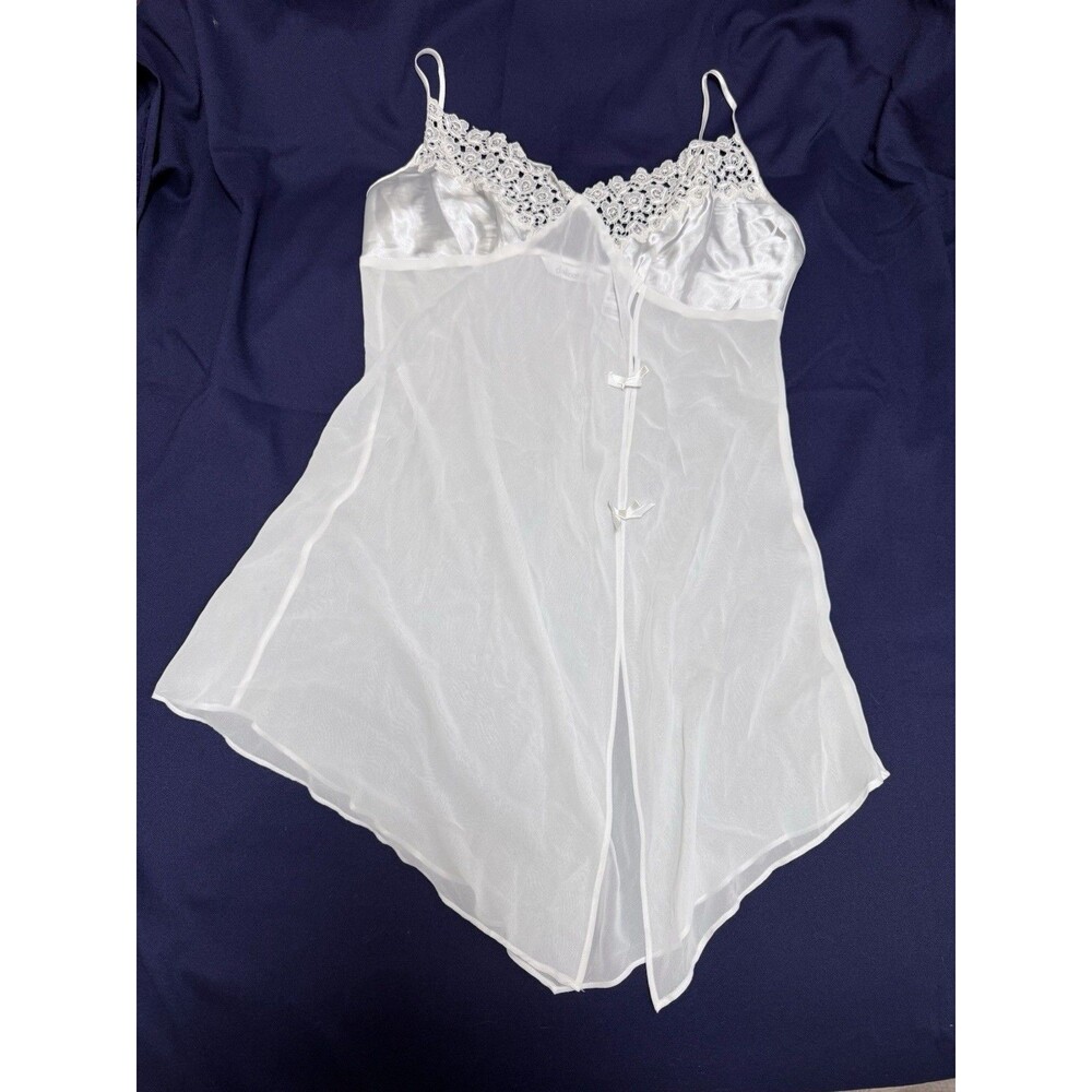 Y2K Sheer White Babydoll Bow Lace Rhinestone Bridal Honeymoon Coquette M